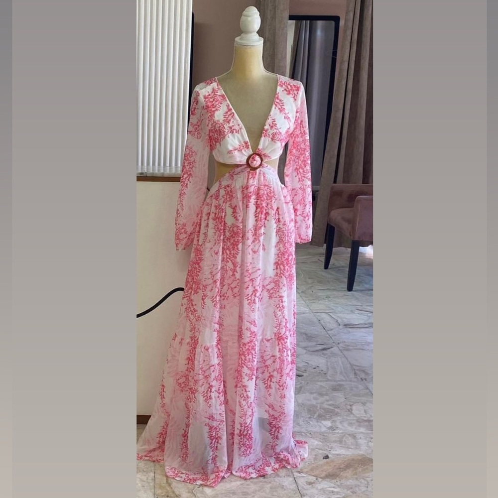 Deep V-Neck Pink Floral Maxi Dress with Waist Ring - Picture 3 of 3